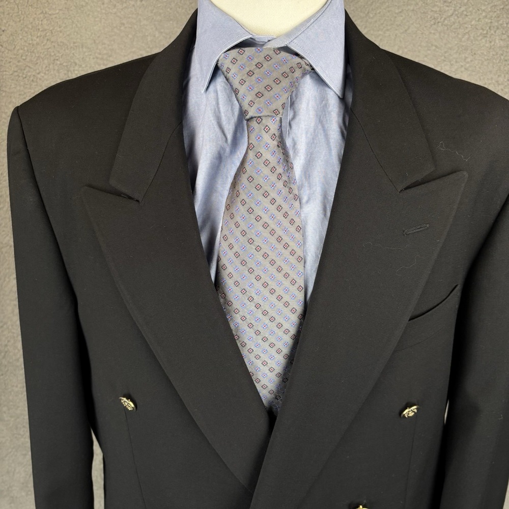 Double Breasted Blazer Mens 43L Black Wool Fiori Gold‎ Button Peak Lapel